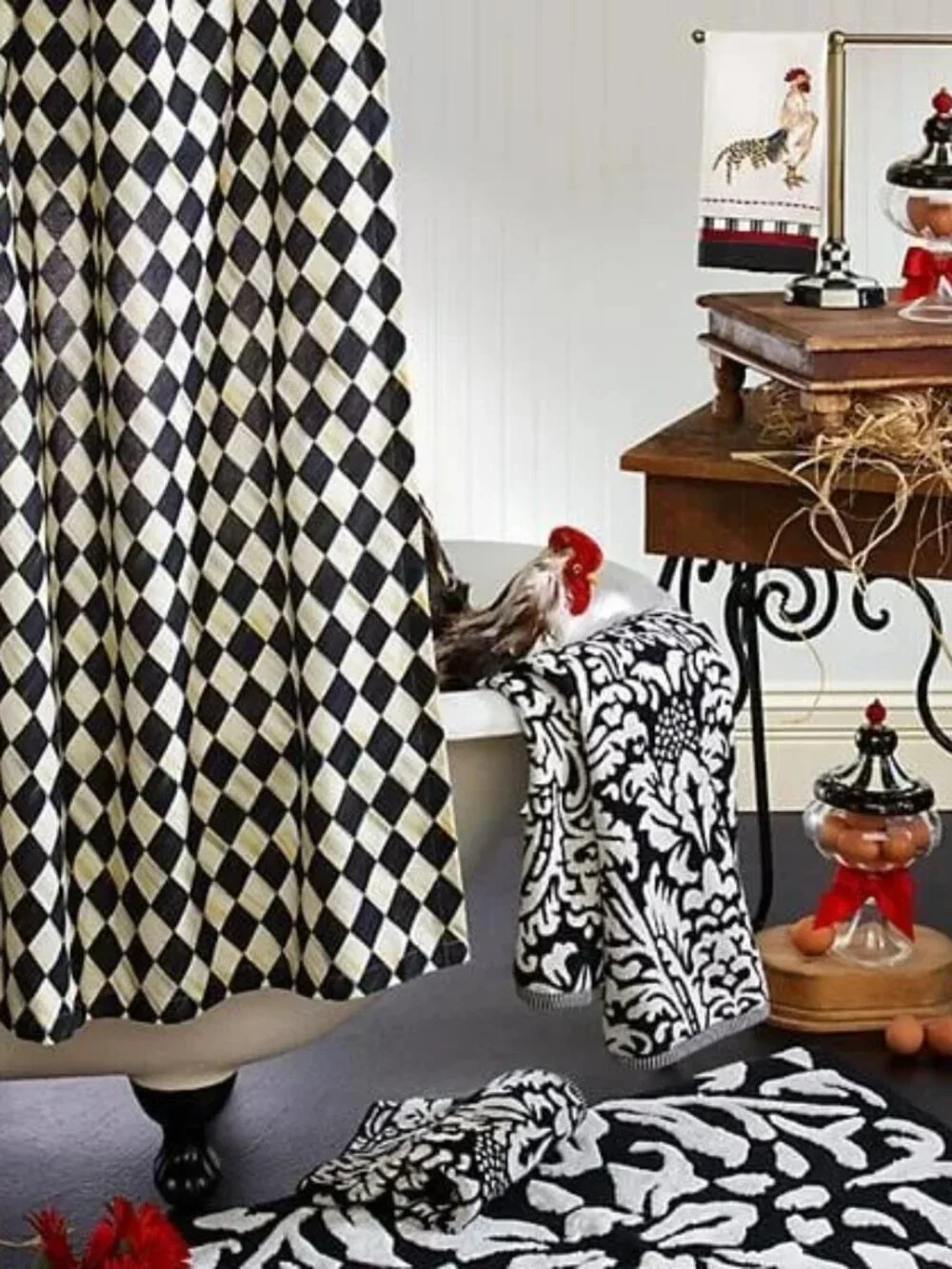 Mint Condition MacKenzie-Childs Black And White Courtly Harlequin Shower Curtain